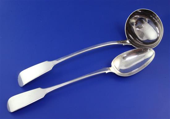 A William IV silver fiddle pattern basting spoon and a later fiddle pattern soup ladle, 11.5 oz.